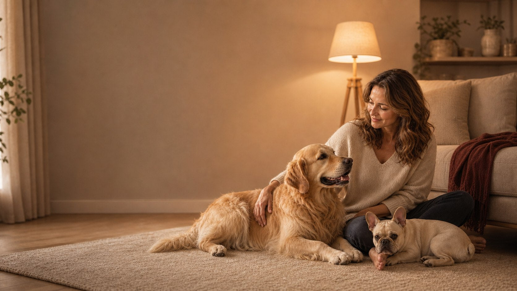 Eine Frau sitzt am Abend mit zwei ruhenden Hunden in einem warm beleuchteten Zimmer