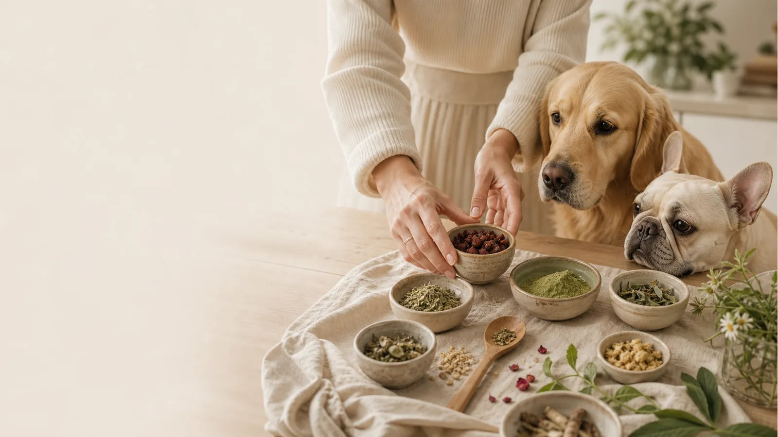Schalen mit Zutaten stehen vor zwei Hunden auf einer hellen Fläche