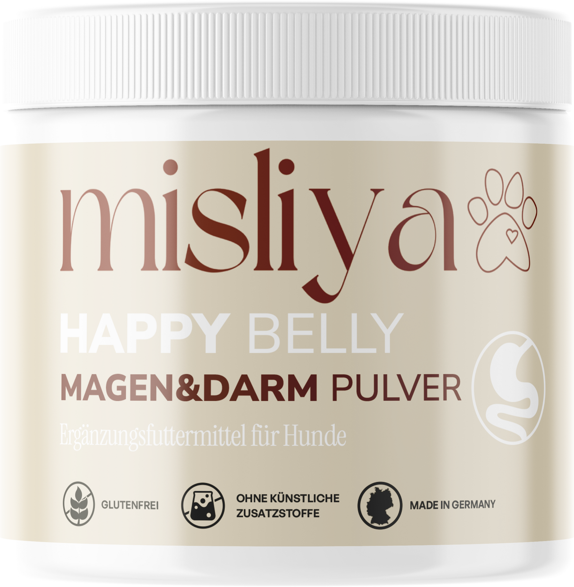 misliya Happy Belly Magen & Darm Pulver, Produktdose vor hellem Hintergrund – made by AI
