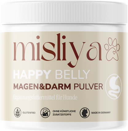 misliya Happy Belly Magen & Darm Pulver, Produktdose vor hellem Hintergrund – made by AI