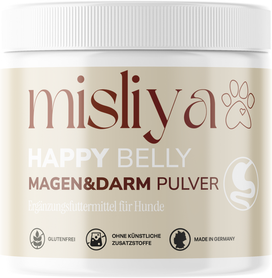 misliya Happy Belly Magen & Darm Pulver, Produktdose vor hellem Hintergrund – made by AI