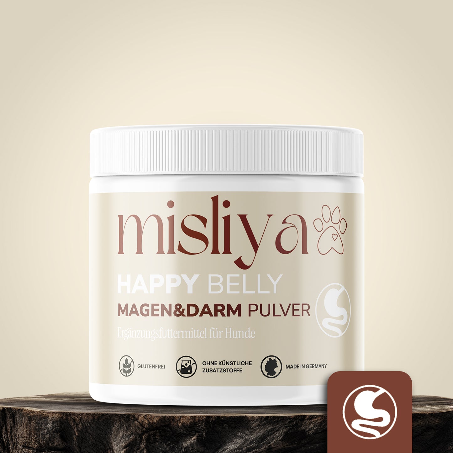 misliya Happy Belly Magen & Darm Pulver, Dose auf einem Holzpodest – made by AI