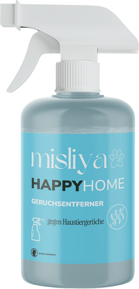 misliya Happy Home Geruchsentferner, Sprühflasche vor transparentem Hintergrund – made by AI