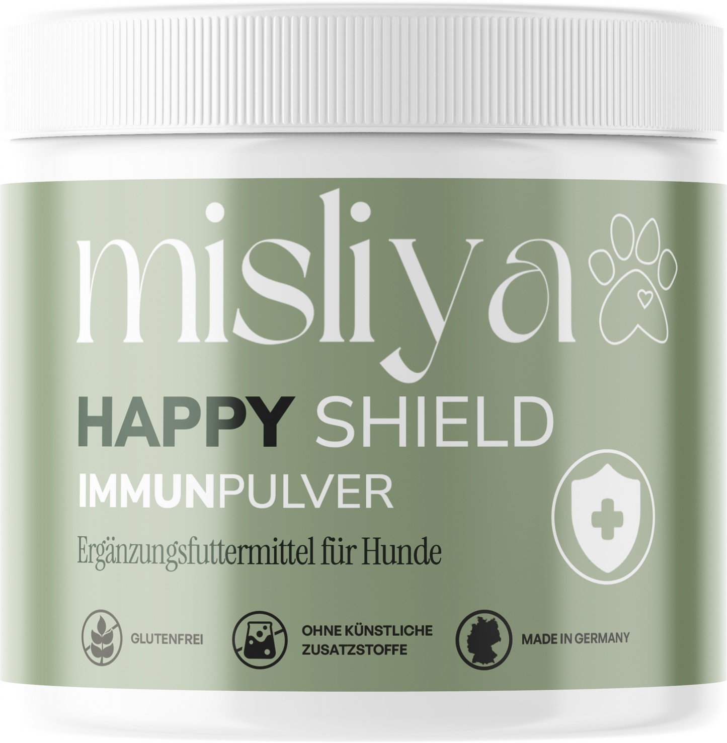 misliya Happy Shield Immunpulver, Dose vor transparentem Hintergrund – made by AI