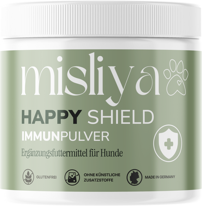 misliya Happy Shield Immunpulver, Dose vor transparentem Hintergrund – made by AI