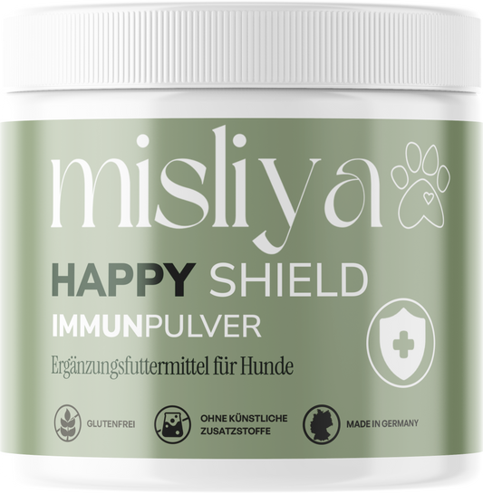 misliya Happy Shield Immunpulver, Dose vor transparentem Hintergrund – made by AI