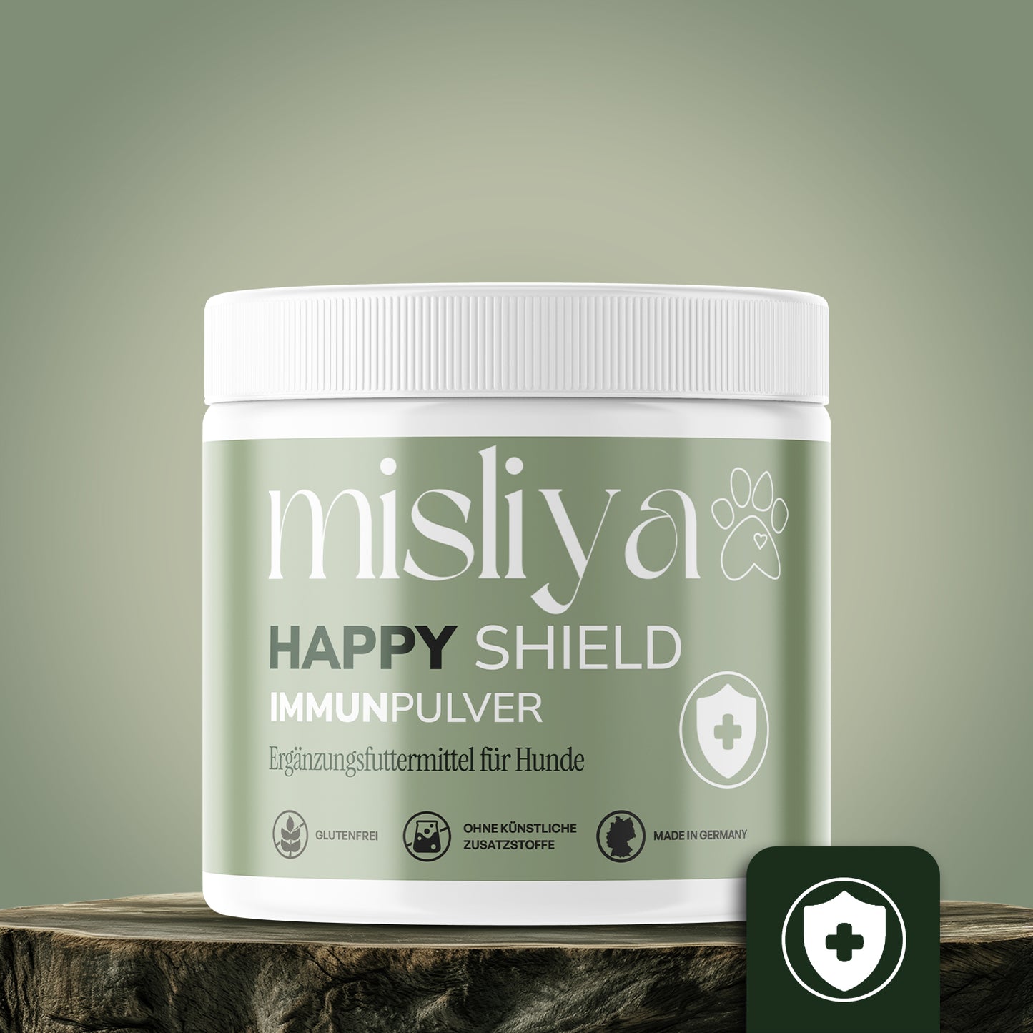 misliya Happy Shield Immunpulver, Dose auf einem Holzpodest – made by AI