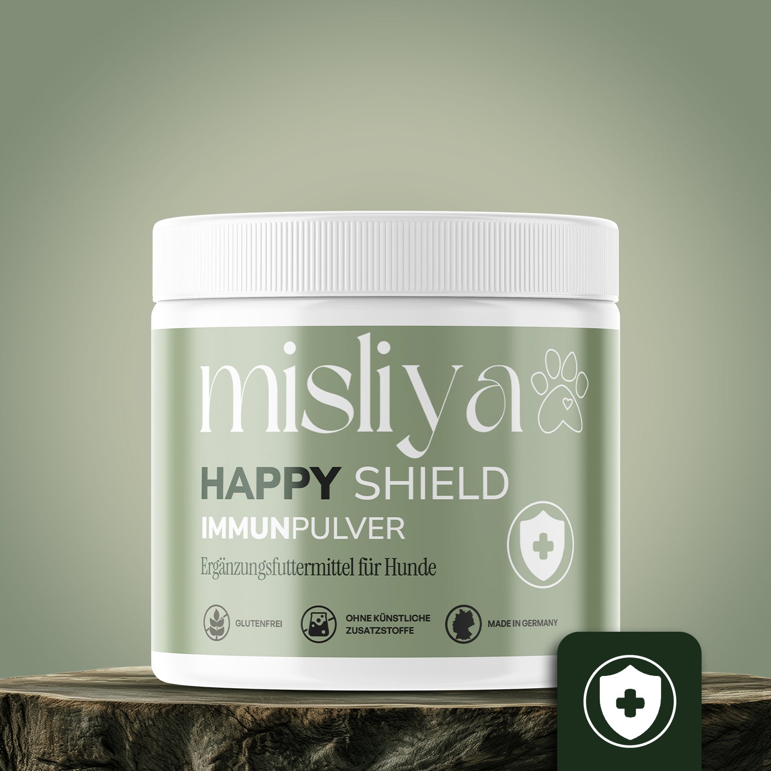 misliya Happy Shield Immunpulver, Dose auf einem Holzpodest – made by AI