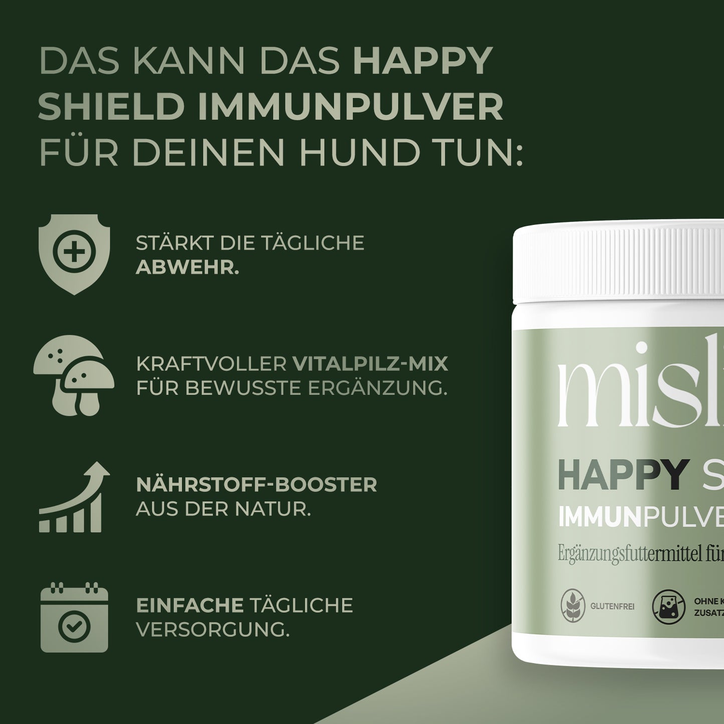 Happy Shield Produktübersicht mit Dose und grafischen Anwendungshinweisen – made by AI