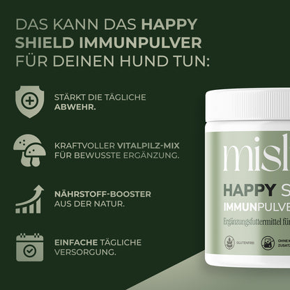 Happy Shield Produktübersicht mit Dose und grafischen Anwendungshinweisen – made by AI