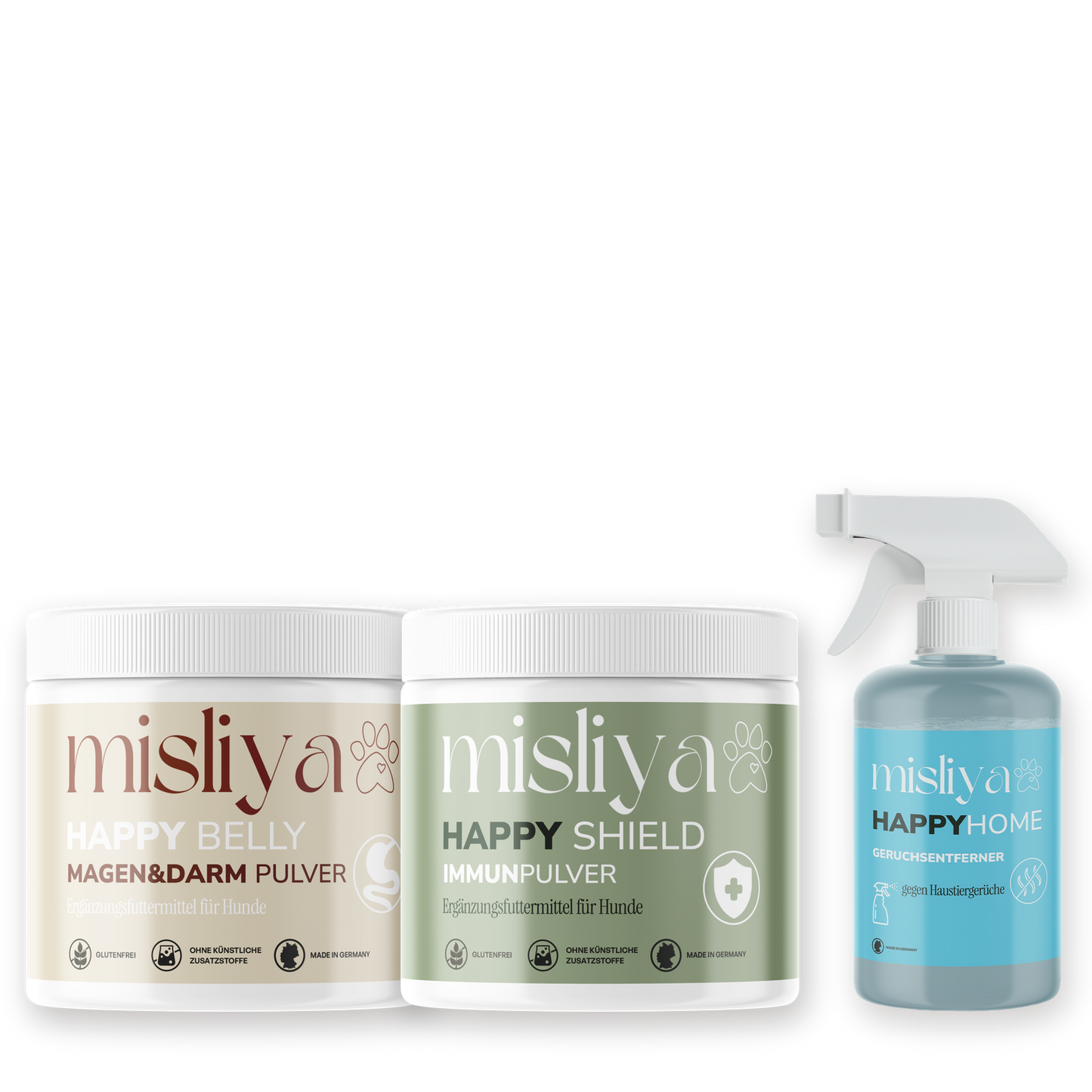 misliya Starter-Bundle mit Happy Belly, Happy Shield und Happy Home auf transparentem Hintergrund – made by AI