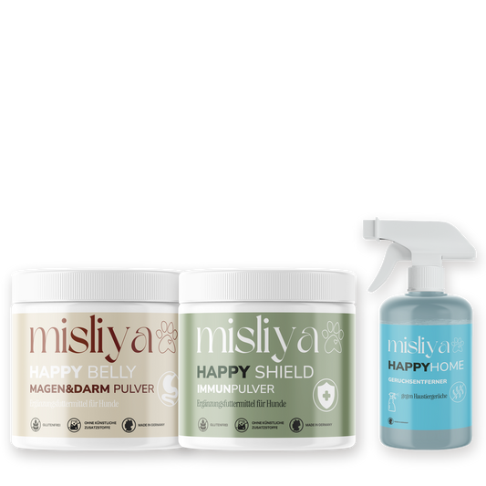 misliya Starter-Bundle mit Happy Belly, Happy Shield und Happy Home auf transparentem Hintergrund – made by AI