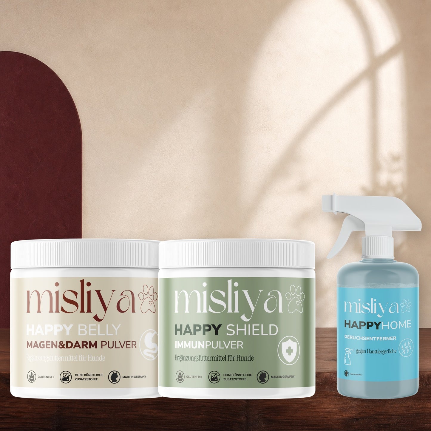 misliya Starter-Bundle mit Happy Belly, Happy Shield und Happy Home in warmer Studioaufnahme – made by AI