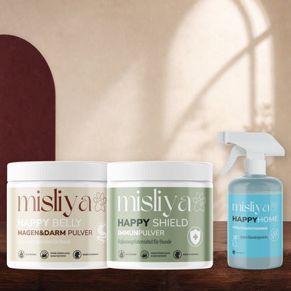 misliya Starter-Bundle mit Happy Belly, Happy Shield und Happy Home in warmer Studioaufnahme – made by AI