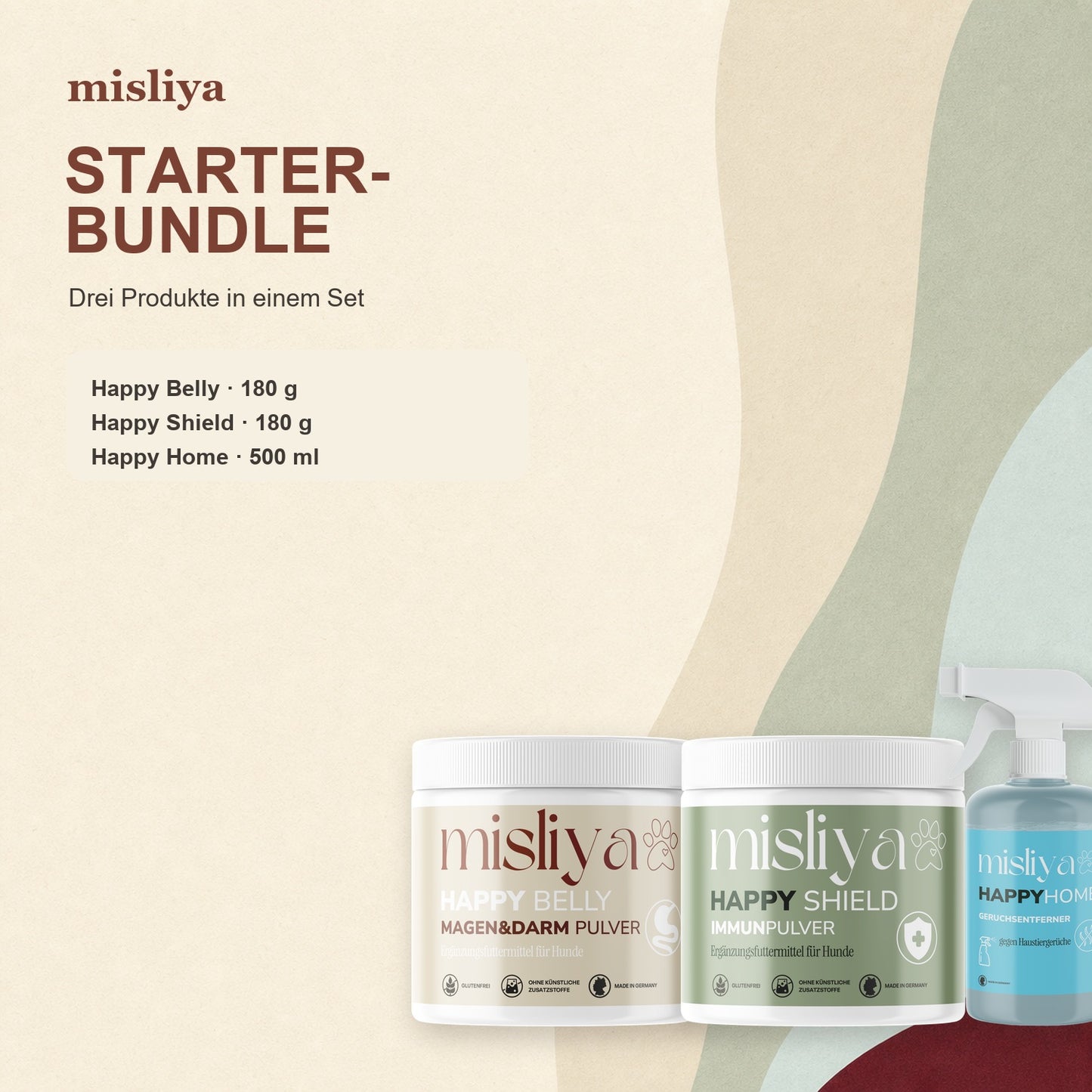 Inhalt des misliya Starter-Bundles: Happy Belly 180 g, Happy Shield 180 g und Happy Home 500 ml – made by AI