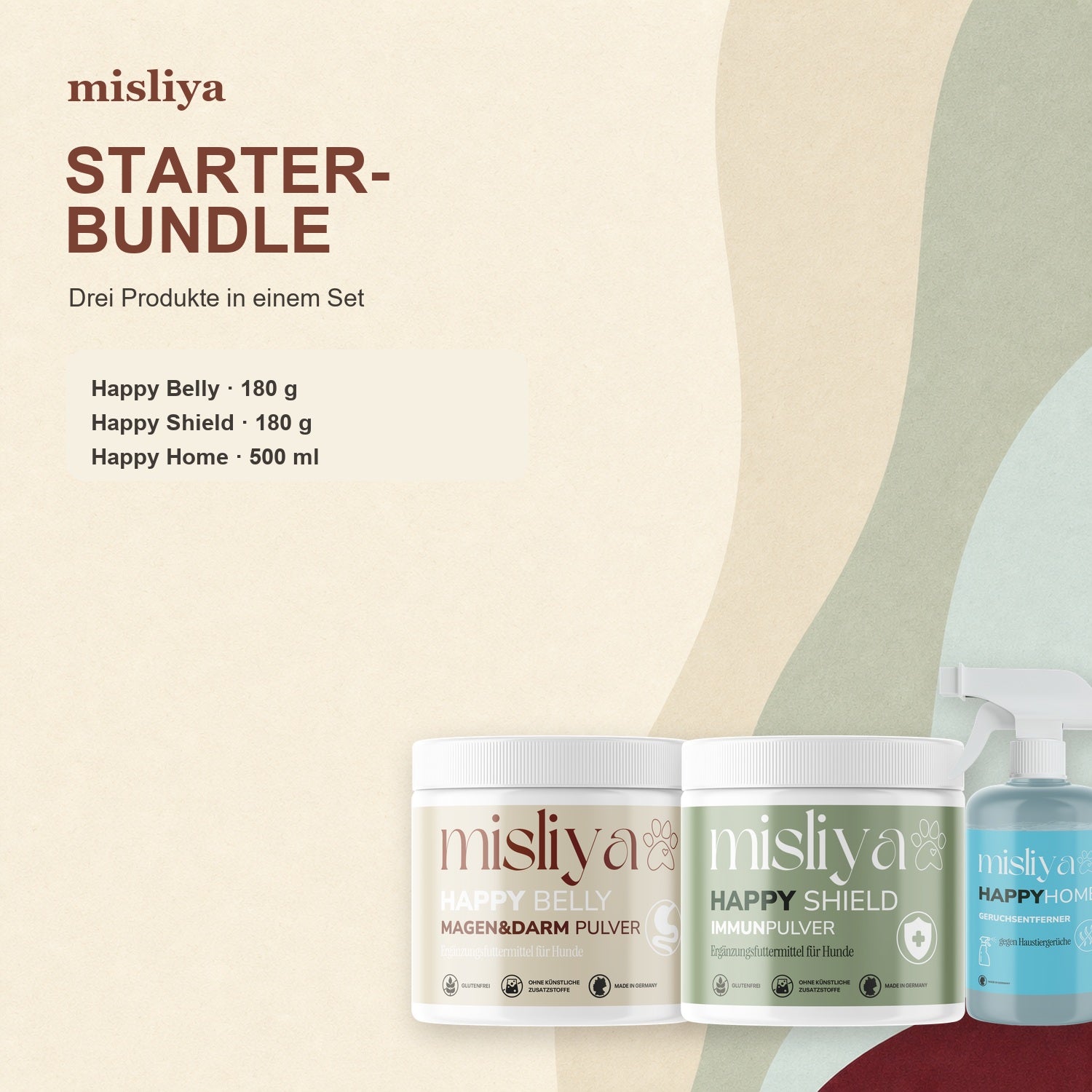 Inhalt des misliya Starter-Bundles: Happy Belly 180 g, Happy Shield 180 g und Happy Home 500 ml – made by AI