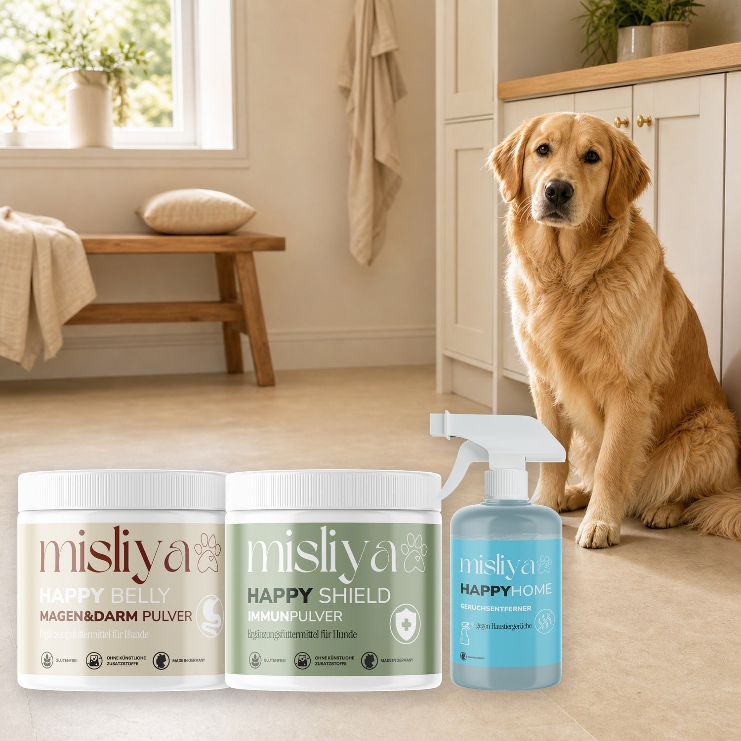 misliya Starter-Bundle mit drei Produkten in einer hellen Wohnszene mit Hund – made by AI