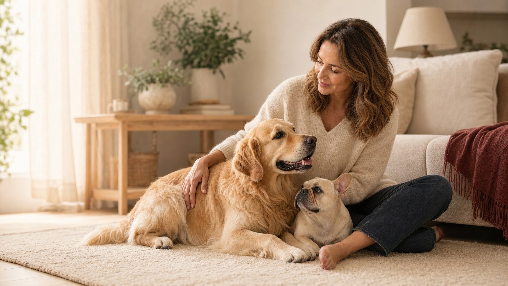 Eine Frau sitzt mit einem Golden Retriever und einer Französischen Bulldogge in einem hellen Wohnzimmer