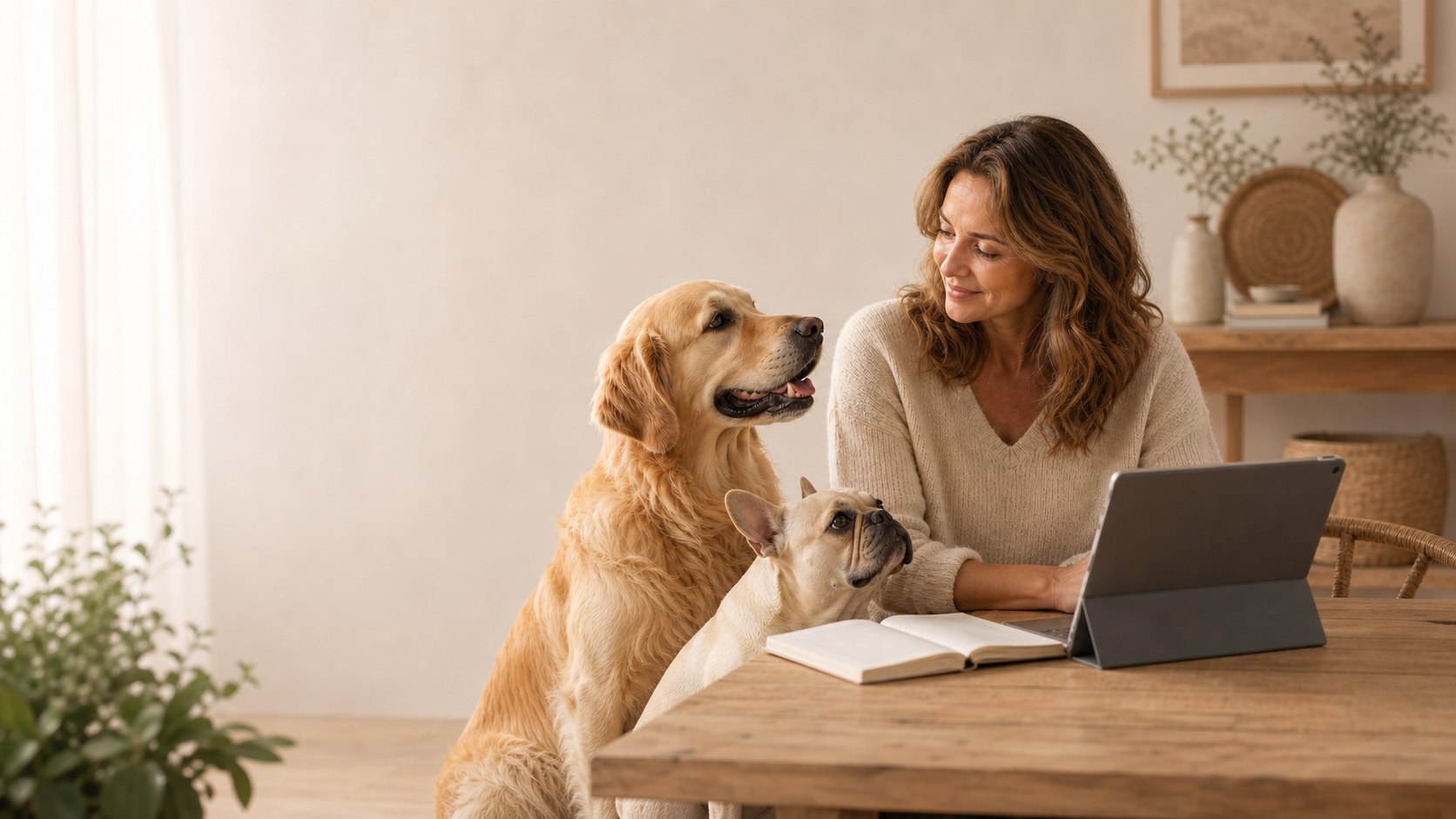 Eine Frau recherchiert am Laptop, während zwei Hunde neben ihr sitzen