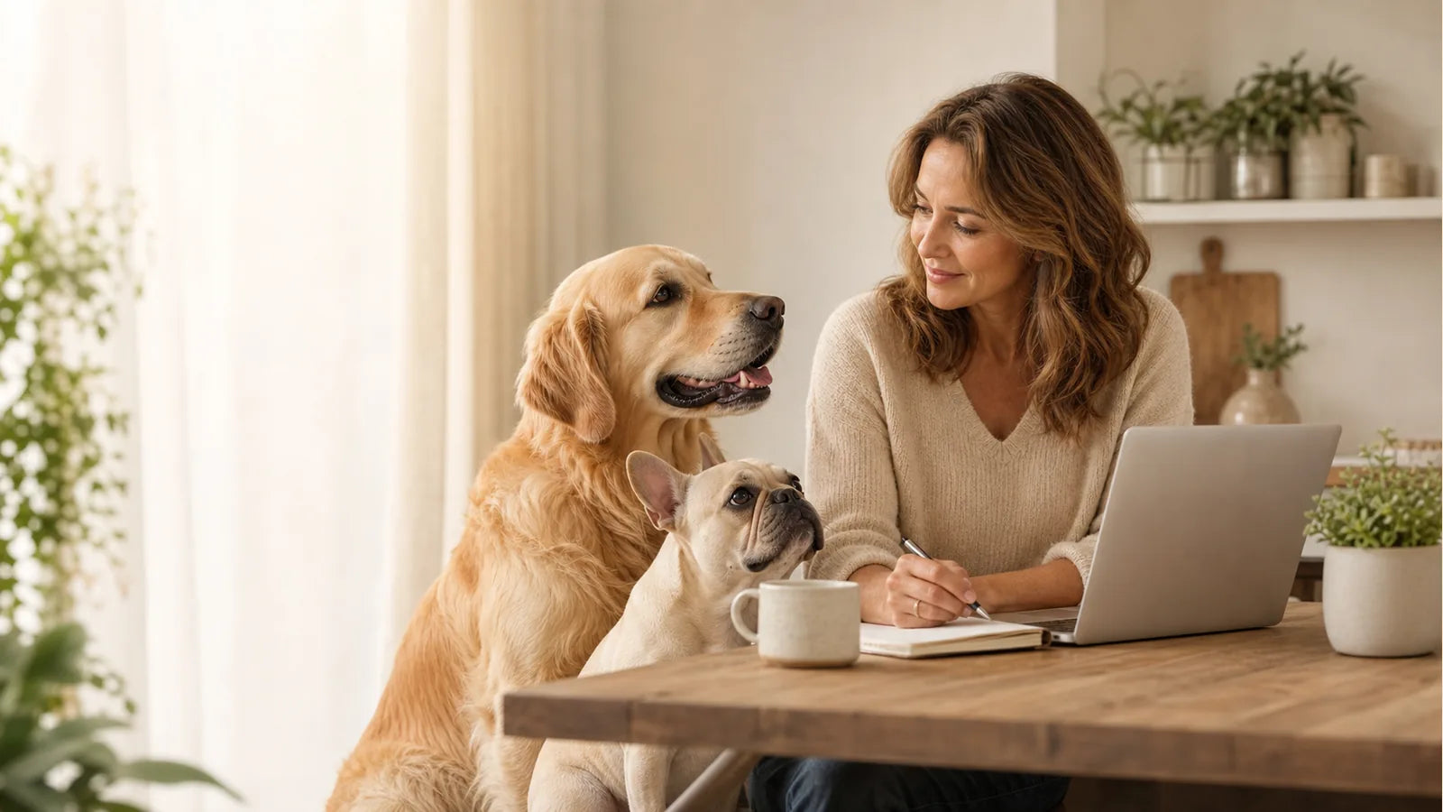Eine Frau arbeitet am Laptop, während zwei Hunde neben ihr sitzen